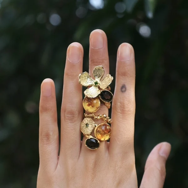 Gold Plated S925 Sterling Silver Amber Ring with Dual Gemstones 02 Gold Plated S925 Sterling Silver Amber Ring with Dual Gemstones 02