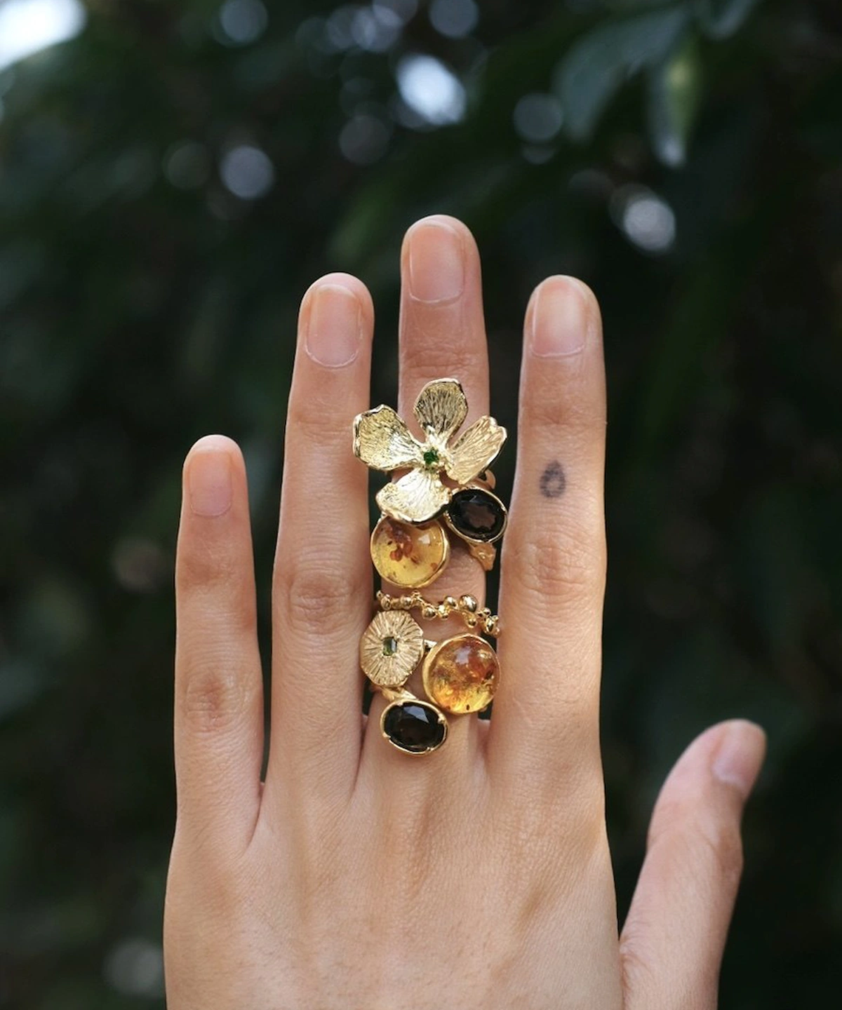 Gold Plated S925 Sterling Silver Amber Ring with Dual Gemstones 02 Gold Plated S925 Sterling Silver Amber Ring with Dual Gemstones 02