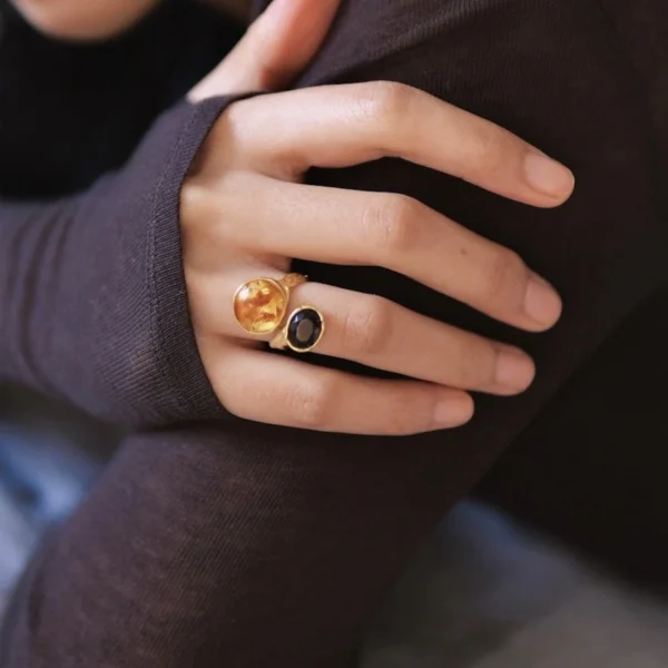 Gold Plated S925 Sterling Silver Amber Ring with Dual Gemstones 03 Gold Plated S925 Sterling Silver Amber Ring with Dual Gemstones 03