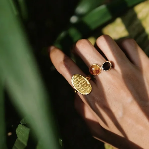 Gold Plated S925 Sterling Silver Amber Ring with Dual Gemstones 04 Gold Plated S925 Sterling Silver Amber Ring with Dual Gemstones 04