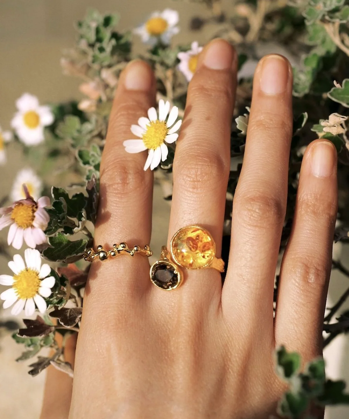 Gold Plated S925 Sterling Silver Amber Ring with Dual Gemstones 05 Gold Plated S925 Sterling Silver Amber Ring with Dual Gemstones 05