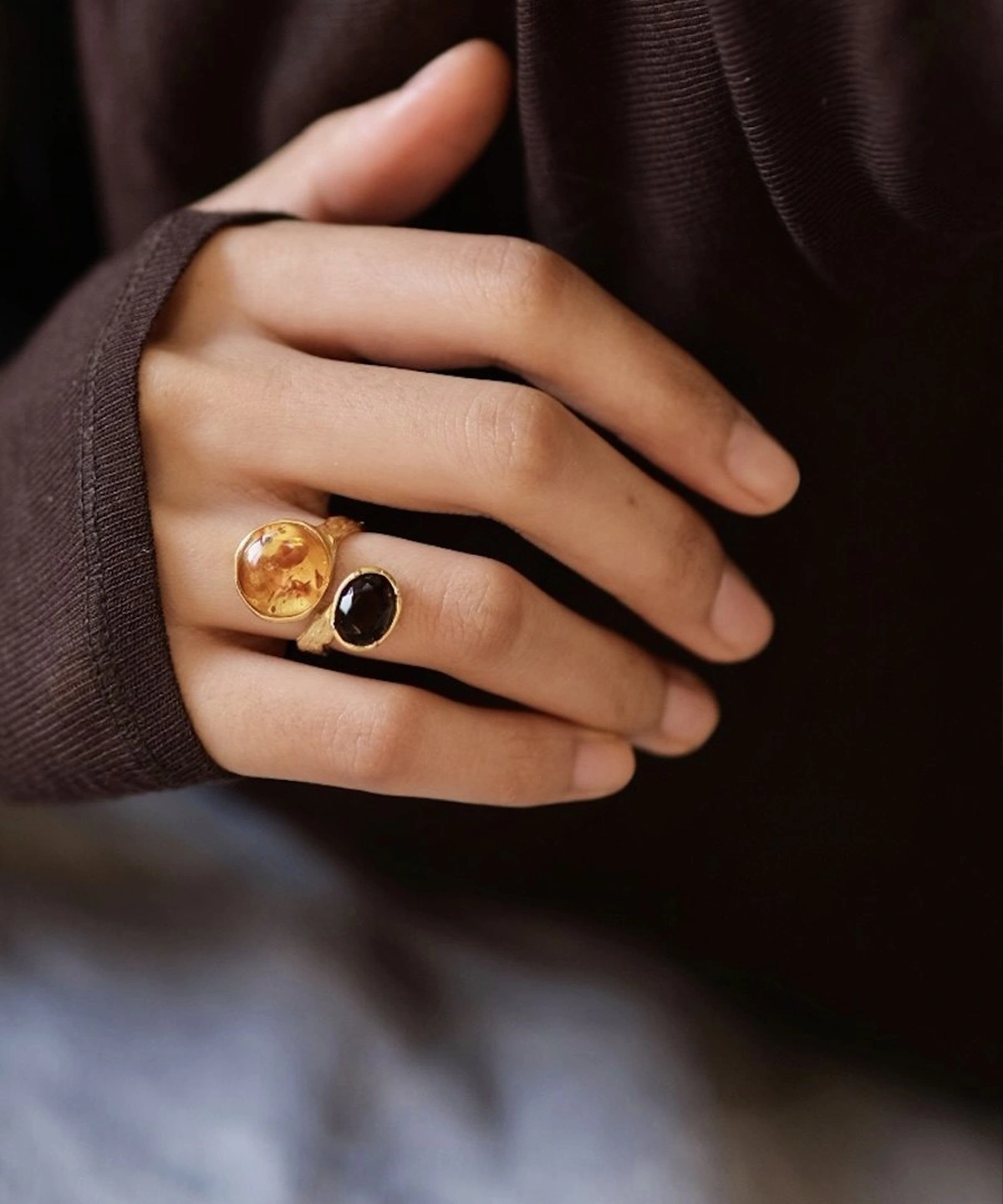 Gold Plated S925 Sterling Silver Amber Ring with Dual Gemstones 06 Gold Plated S925 Sterling Silver Amber Ring with Dual Gemstones 06