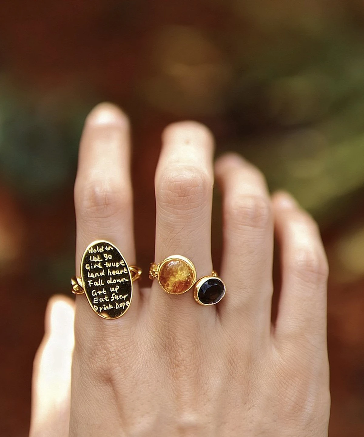 Gold Plated S925 Sterling Silver Amber Ring with Dual Gemstones 08 Gold Plated S925 Sterling Silver Amber Ring with Dual Gemstones 08