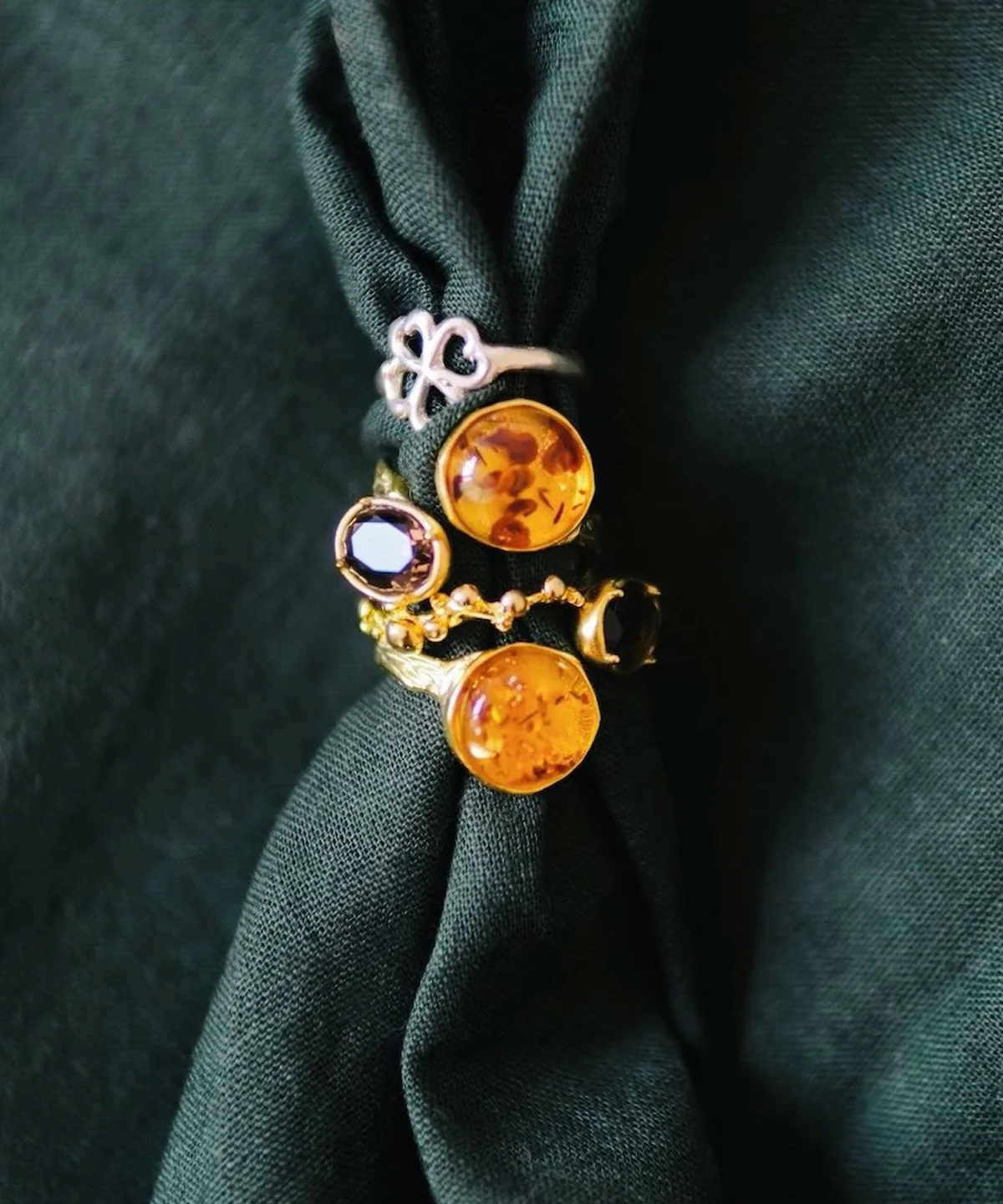 Gold Plated S925 Sterling Silver Amber Ring with Dual Gemstones 09 Gold Plated S925 Sterling Silver Amber Ring with Dual Gemstones 09