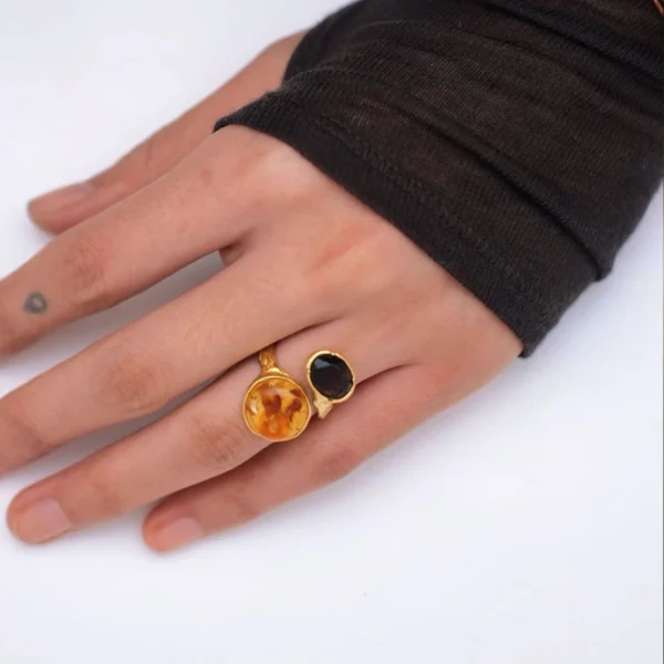 Gold Plated S925 Sterling Silver Amber Ring with Dual Gemstones 12 Gold Plated S925 Sterling Silver Amber Ring with Dual Gemstones 12