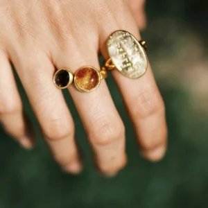 Gold Plated S925 Sterling Silver Amber Ring with Dual Gemstones 13 Hand wearing three gold rings, including an Amber Ring with a warm amber stone and a dark gemstone, shown against soft green foliage.