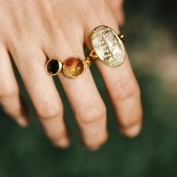 Gold Plated S925 Sterling Silver Amber Ring with Dual Gemstones 13 Gold Plated S925 Sterling Silver Amber Ring with Dual Gemstones 13