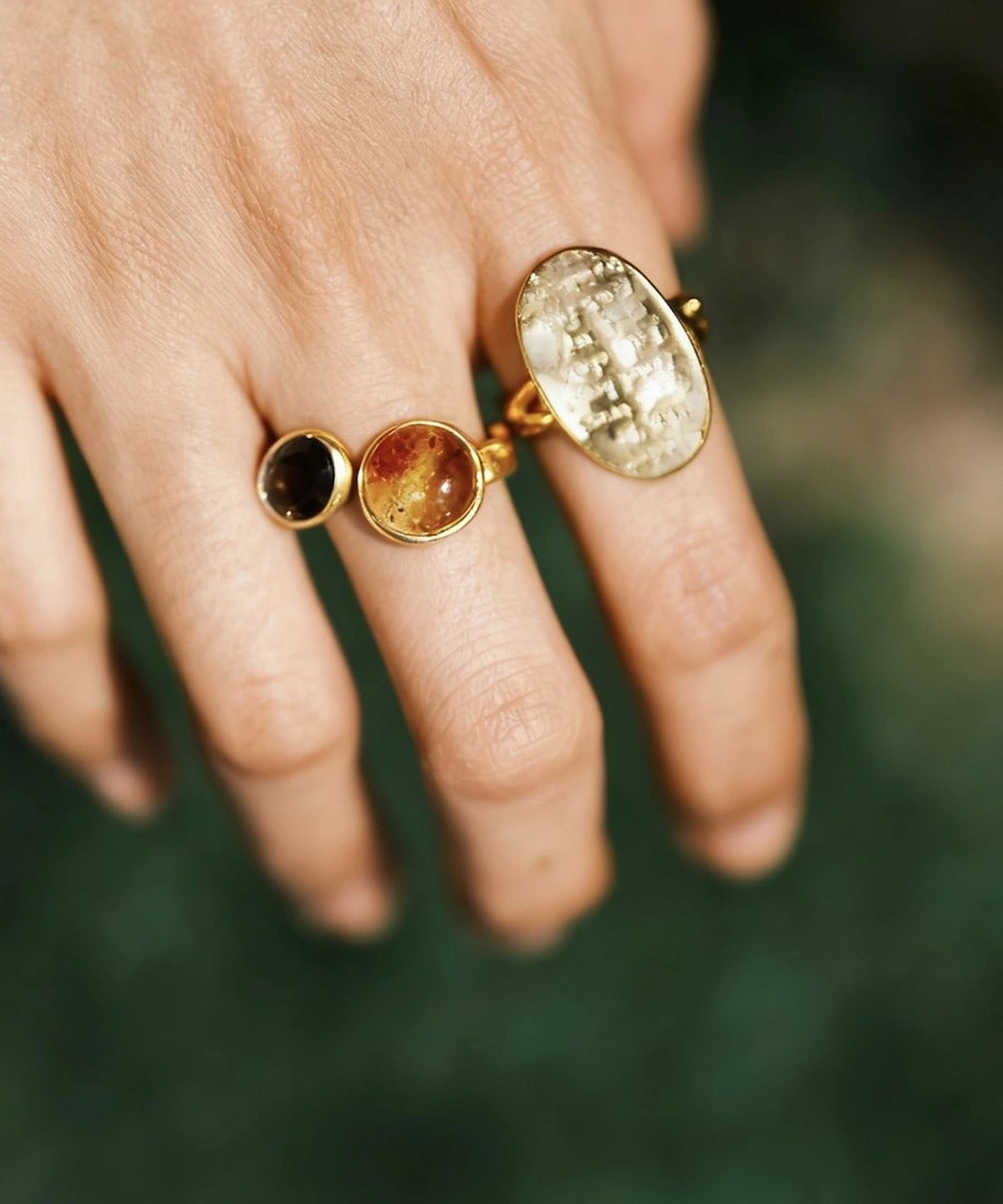 Gold Plated S925 Sterling Silver Amber Ring with Dual Gemstones 13 Gold Plated S925 Sterling Silver Amber Ring with Dual Gemstones 13