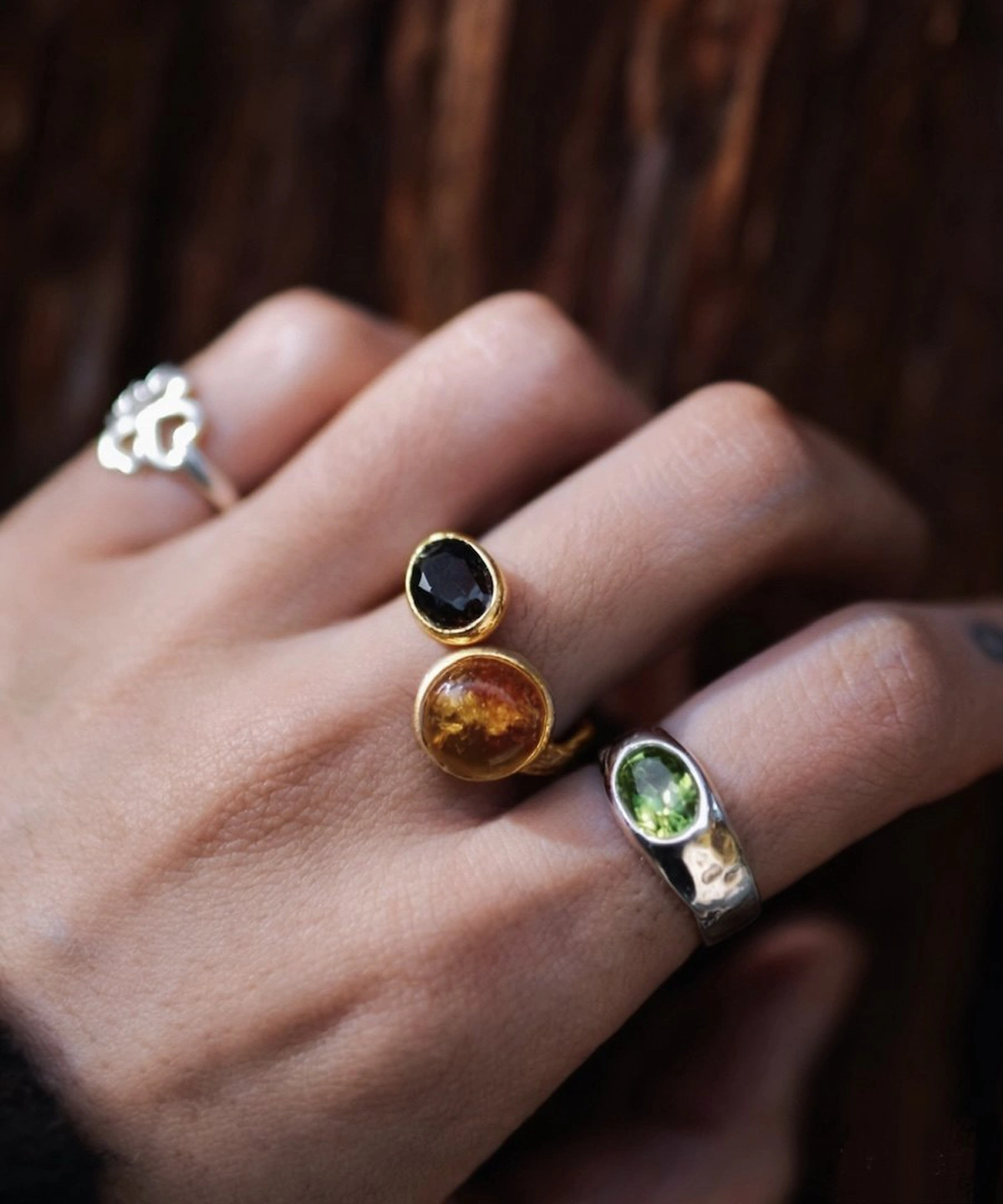 Gold Plated S925 Sterling Silver Amber Ring with Dual Gemstones 14 Gold Plated S925 Sterling Silver Amber Ring with Dual Gemstones 14
