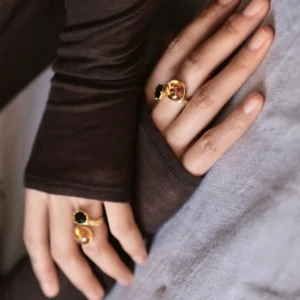 Gold Plated S925 Sterling Silver Amber Ring with Dual Gemstones 16 Two hands wearing matching gold toned Amber Rings with a warm amber stone and a dark gemstone, resting on soft light gray fabric.