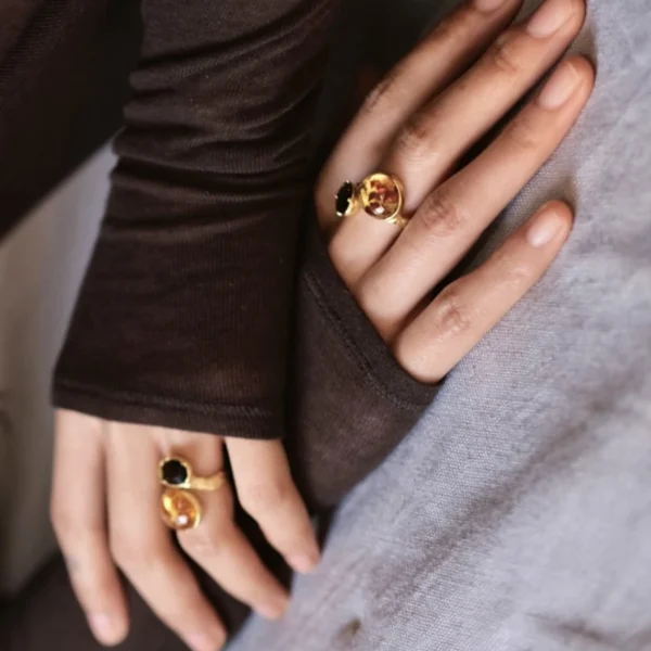 Gold Plated S925 Sterling Silver Amber Ring with Dual Gemstones 16 Gold Plated S925 Sterling Silver Amber Ring with Dual Gemstones 16