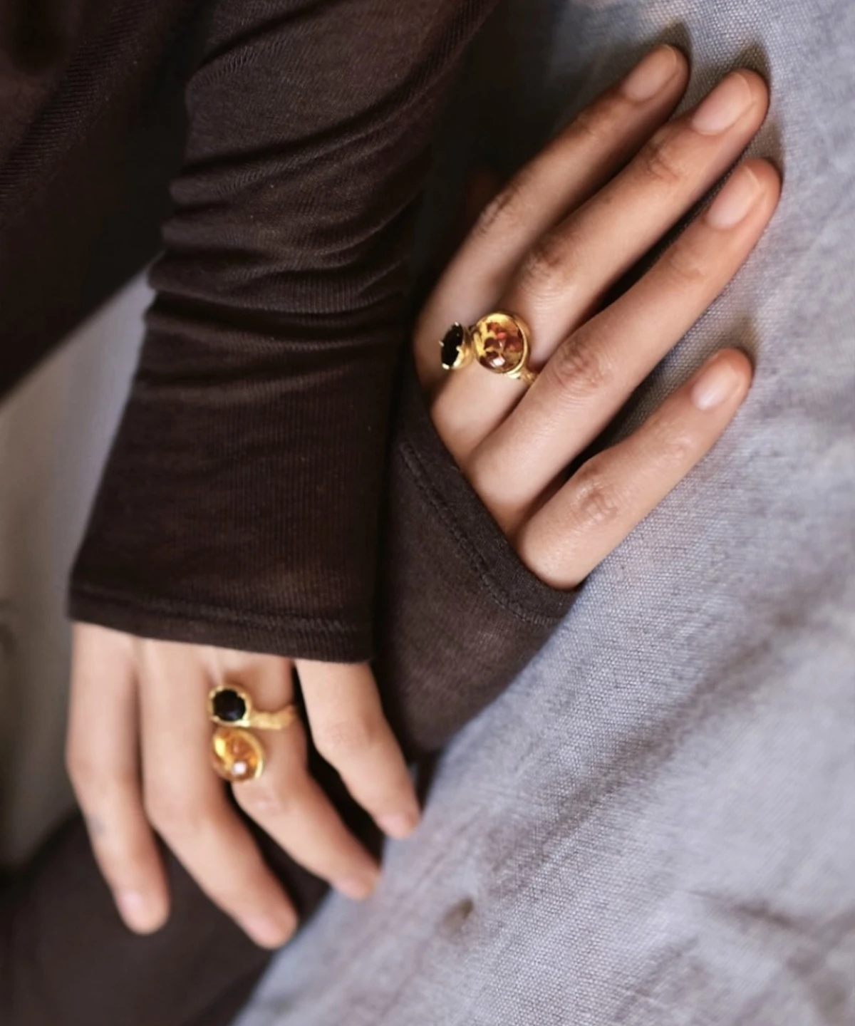 Gold Plated S925 Sterling Silver Amber Ring with Dual Gemstones 16 Gold Plated S925 Sterling Silver Amber Ring with Dual Gemstones 16