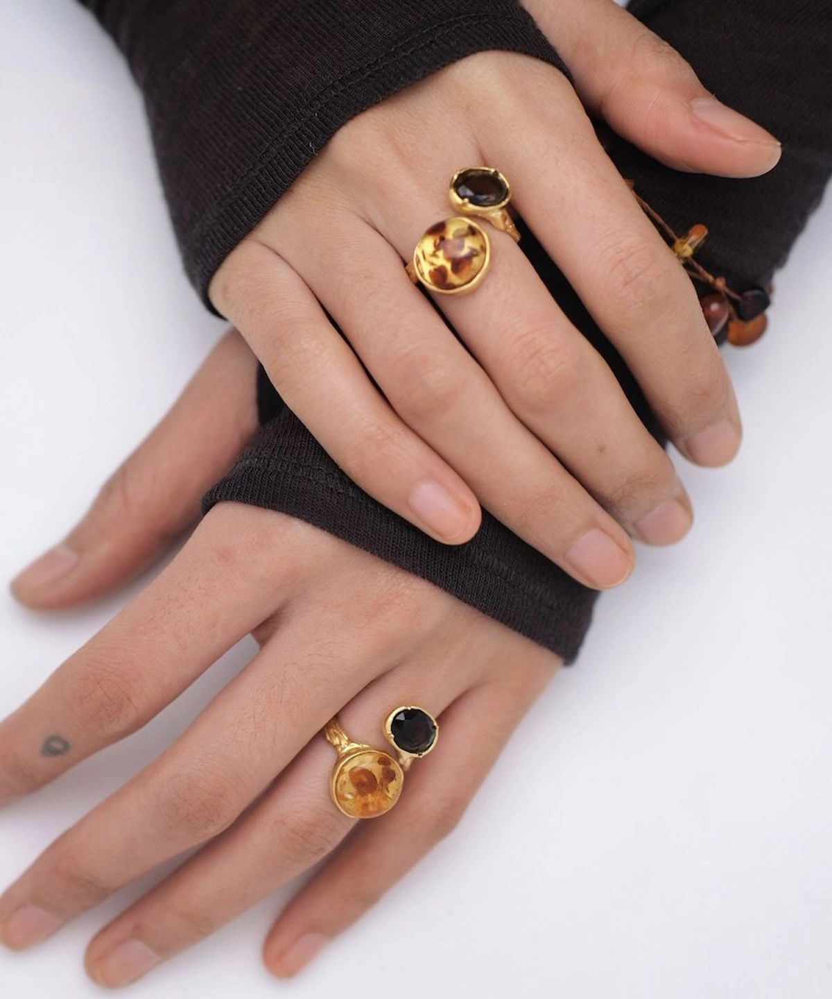 Gold Plated S925 Sterling Silver Amber Ring with Dual Gemstones 17 Gold Plated S925 Sterling Silver Amber Ring with Dual Gemstones 17