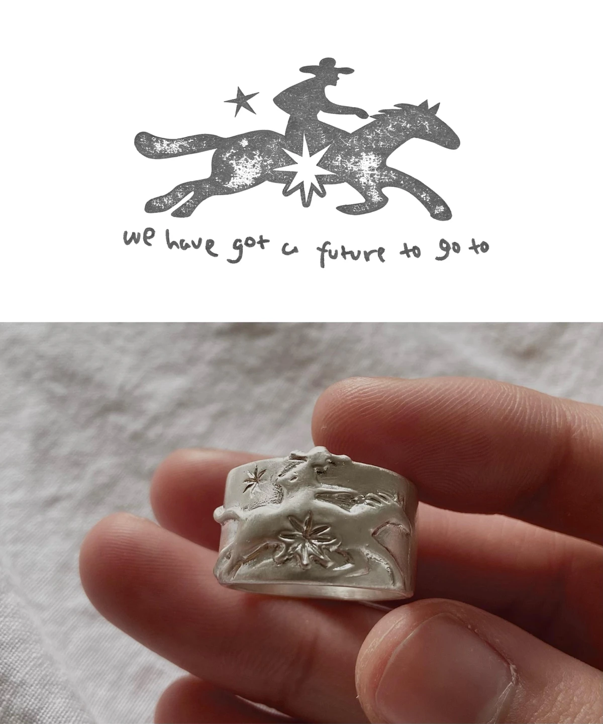 Handcrafted 999 Silver Ring featuring embossed cowboy on horseback with star motifs; shown beside matching illustration and poetic text “we have got a future to go to,” highlighting symbolic craftsmanship and Horse Ring design.