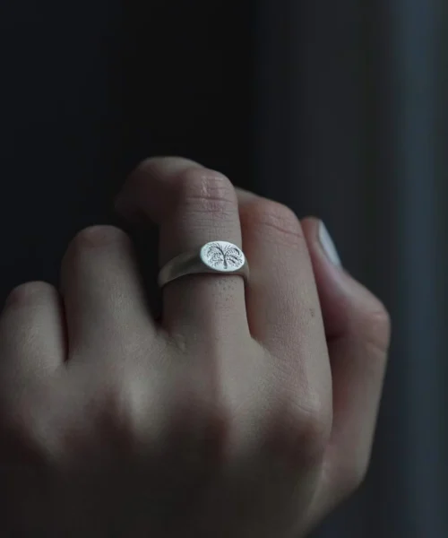 999 Silver Signet Ring with engraved butterfly motif on circular face; handcrafted Silver Signet Ring worn on middle finger, styled in dim lighting against dark background to highlight intricate detail and organic elegance.