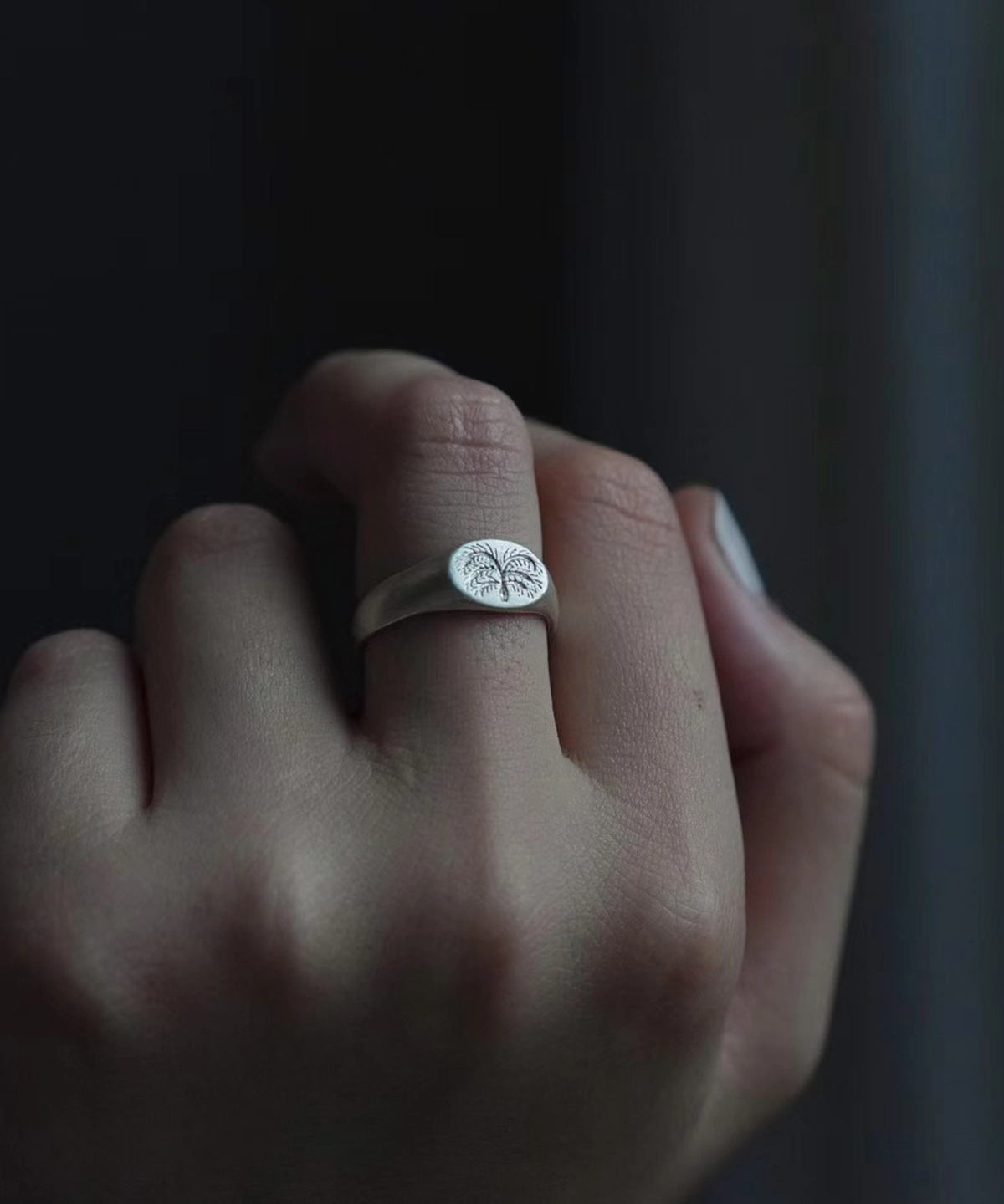 999 Silver Signet Ring with engraved butterfly motif on circular face; handcrafted Silver Signet Ring worn on middle finger, styled in dim lighting against dark background to highlight intricate detail and organic elegance.