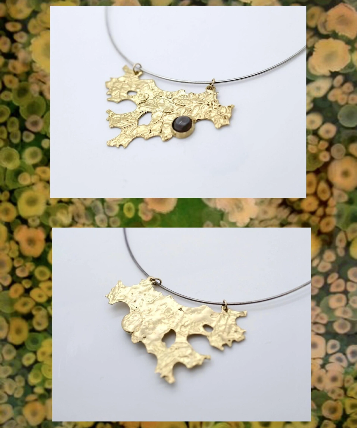 Tree Lichen Pendant on a silver choker necklace with natural agate; shown in two variations—one with embedded dark stone—styled against lichen-covered surface to highlight forest-inspired craftsmanship and organic texture.