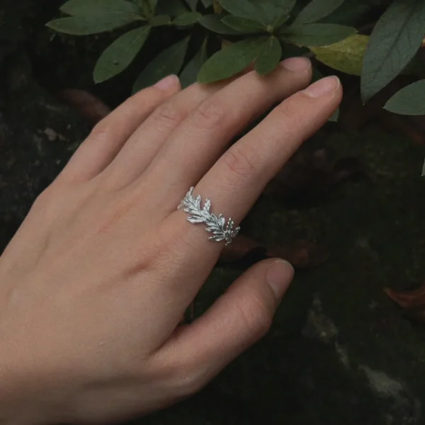 S925 Sterling Silver Poppy Leaf Ring Jewelry 01