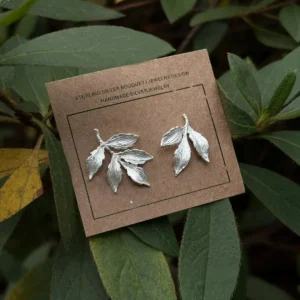 Trumpet Creeper Leaf Stud Earrings in S925 Sterling Silver 01