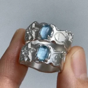Handmade 999 Fine Silver Natural Aquamarine Ring 16