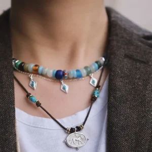 Horse Necklace Sterling Silver Turquoise Boho Leather Layered Necklace 01