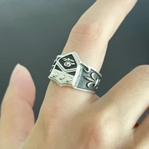 Close-up of the handmade Vongola Cloud Ring from Katekyo Hitman Reborn! in sterling silver, showing the cloud symbol and engravings.