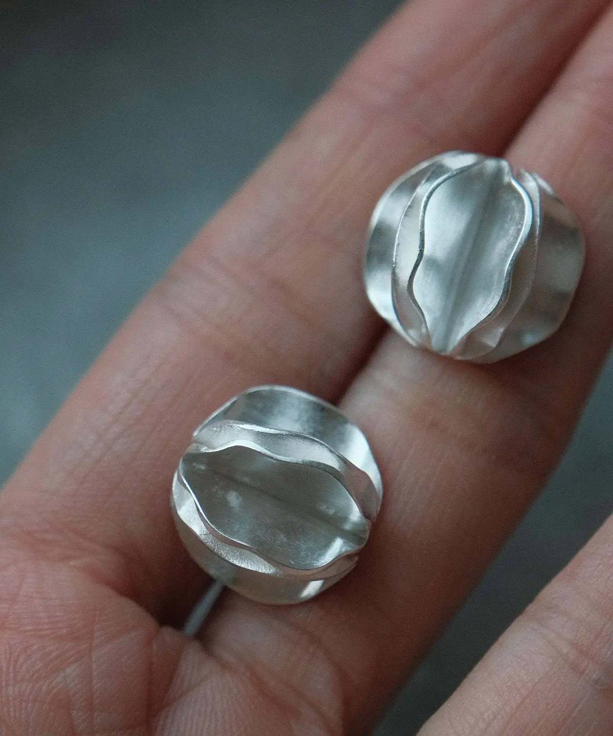 Sterling Silver Stud Earrings – Size Reference in Hand sterling silver stud earrings held in hand showing size, .925 silver handmade