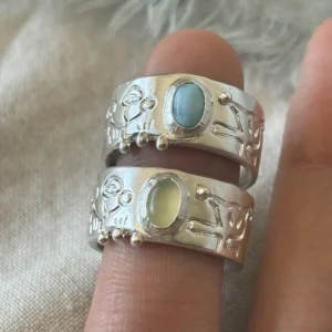 999 Silver Mushroom Ring – Natural Stone Wide Band handmade 999 silver mushroom ring with natural gemstone, larimar and prehnite wide band rings