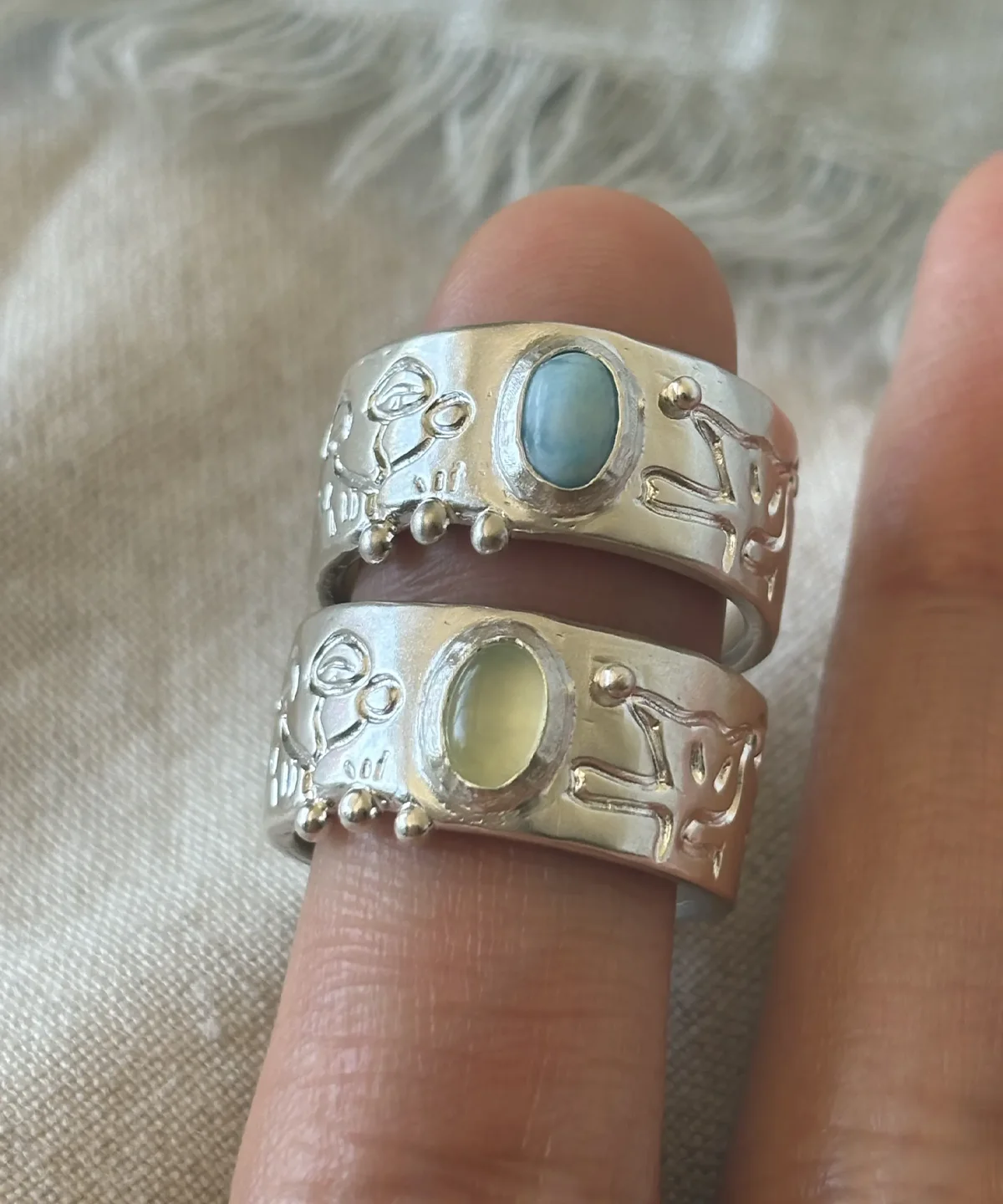 999 Silver Mushroom Ring – Natural Stone Wide Band handmade 999 silver mushroom ring with natural gemstone, larimar and prehnite wide band rings