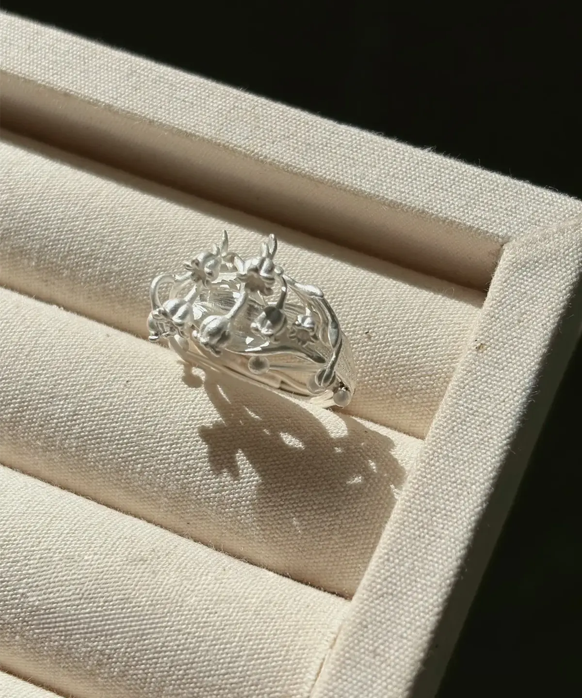 Sterling Silver Lily of the Valley Ring – Jewelry Box Display sterling silver lily of the valley ring in display box, sculptural floral silver ring