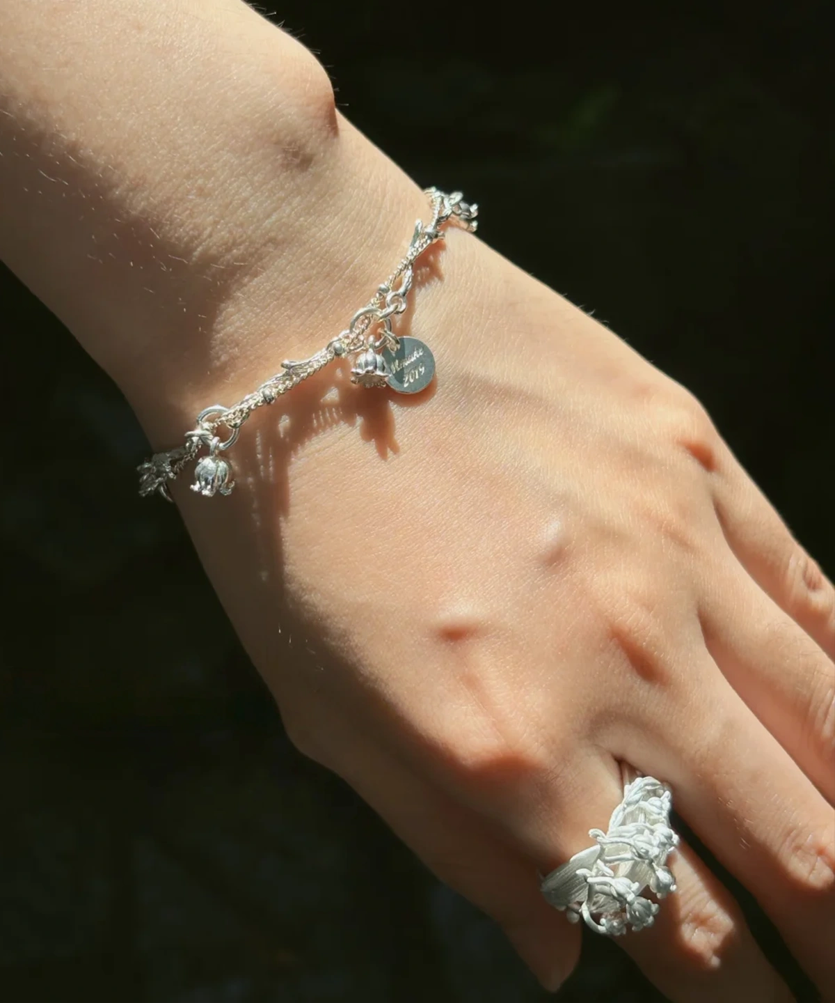 Lily of the Valley Ring Styled with Bracelet – Handmade Silver Set silver lily of the valley ring worn with matching bracelet, handmade silver jewelry set