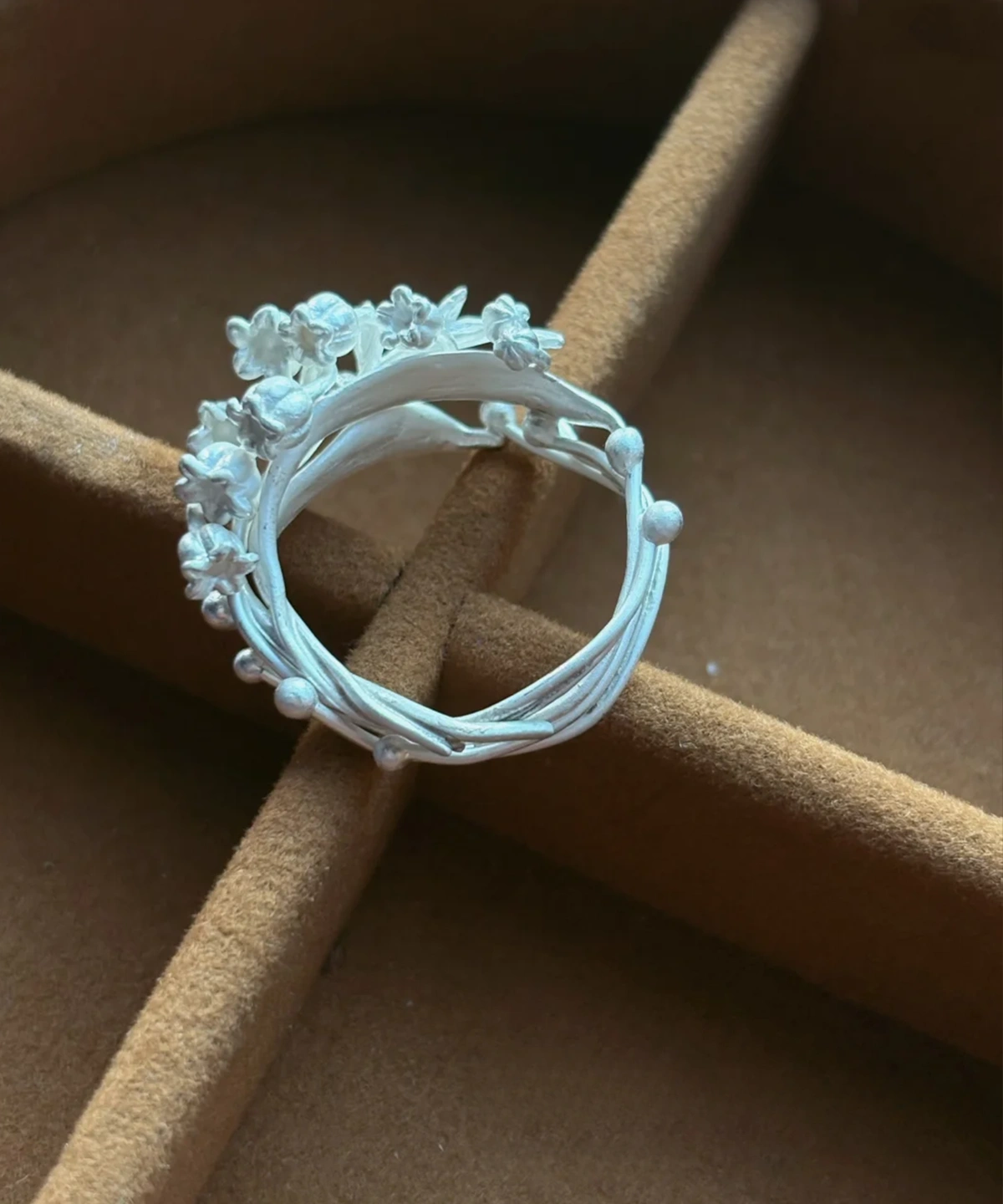 Lily of the Valley Ring – Interior Band View sterling silver lily of the valley ring inside view showing band construction, handmade ring