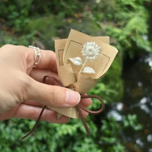 handmade silver sunflower single stem in kraft paper wrap with printed border, S925 sterling silver