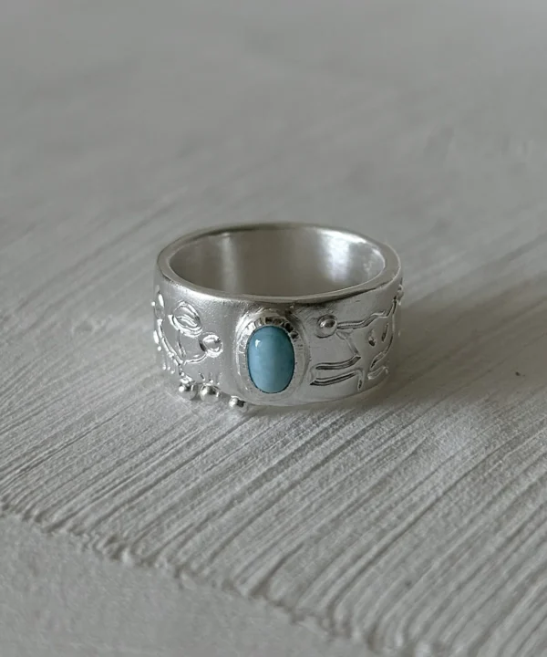 handmade larimar ring solid 999 silver wide band mushroom engraving side view