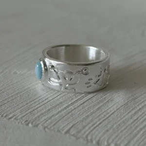 larimar ring side view psychedelic mushroom engraving handmade fine silver band