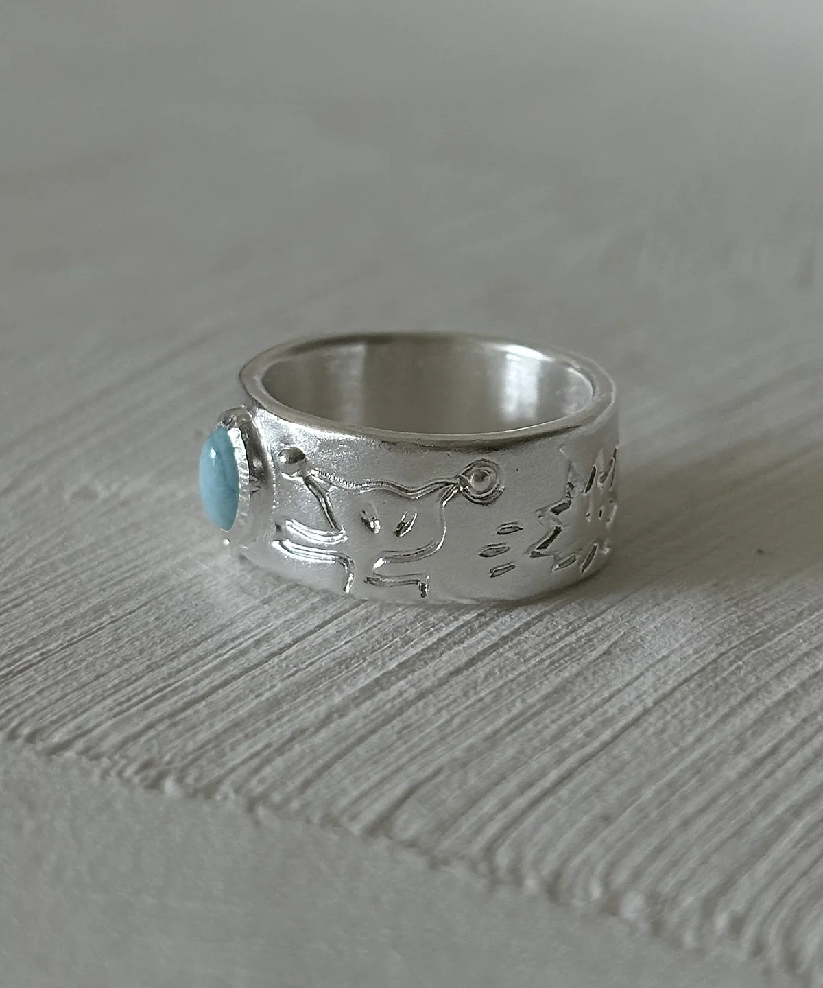 Larimar Ring – Full Mushroom Engraving Side View larimar ring side view psychedelic mushroom engraving handmade fine silver band