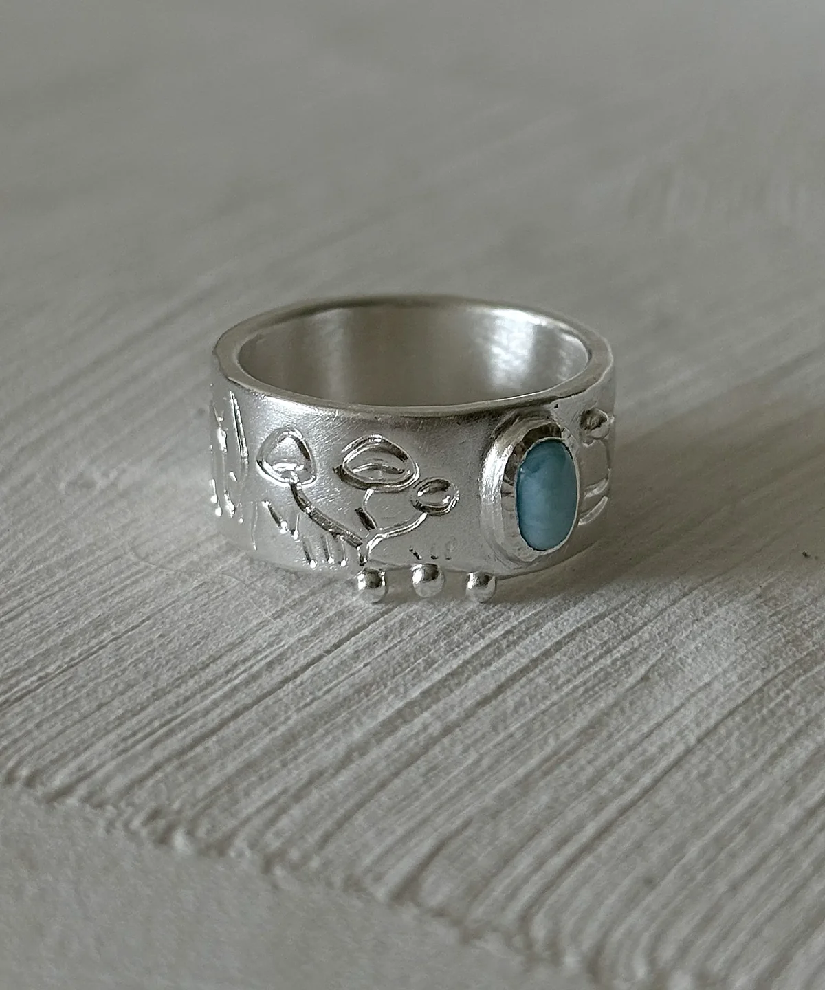 Larimar Silver Ring – Front View White Background arimar silver ring on white background natural blue larimar stone fine silver wide band