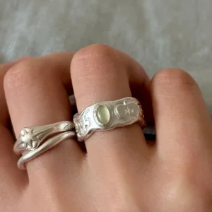 999 silver green apple ring with natural prehnite stone worn on finger