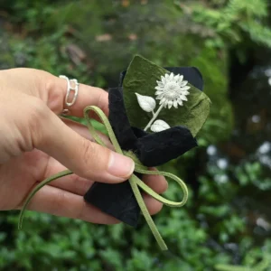 matte white silver sunflower in dark green and black paper wrap, sterling silver flower gift