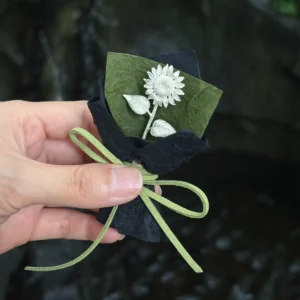 matte silver sunflower single stem in black and dark green paper, S925 sterling silver flower gift