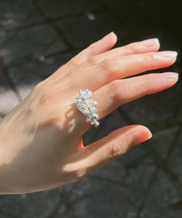 New In 1 handmade sterling silver lily of the valley ring worn in sunlight, May birth flower ring