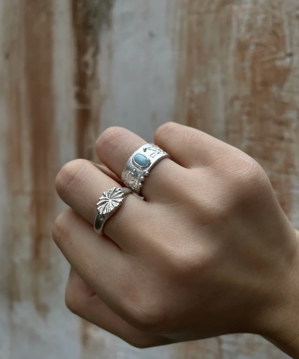 Statement Larimar Ring Worn – 999 Silver Mushroom Wide Band statement larimar ring worn on hand 999 silver wide band psychedelic mushroom design