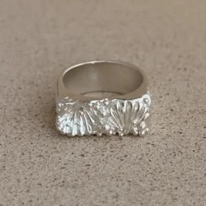 999 fine silver wide band ring with concave and convex shell forms, front view on stone surface