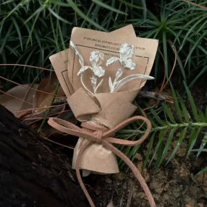 Miniature silver iris bouquet in kraft paper wrap resting on the forest floor