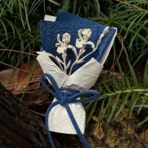 950 silver miniature iris bouquet with blue and white paper wrapping