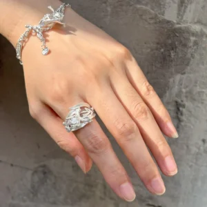 Silver iris ring worn with a matching iris bracelet in S925 sterling silver