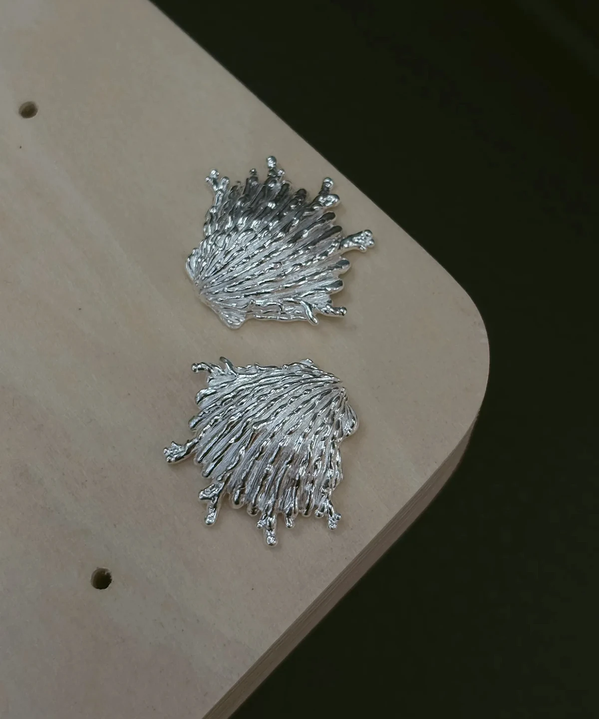 Frayed shell earrings in 990 pure silver, ribs breaking open along the outer edge