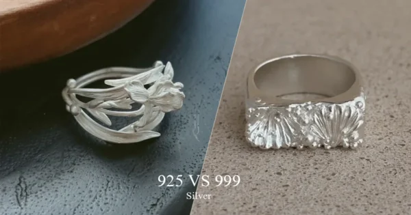 Blogs 1 925 vs 999 silver jewelry comparison with an open S925 iris ring and a substantial closed-band 999 Tidemark ring