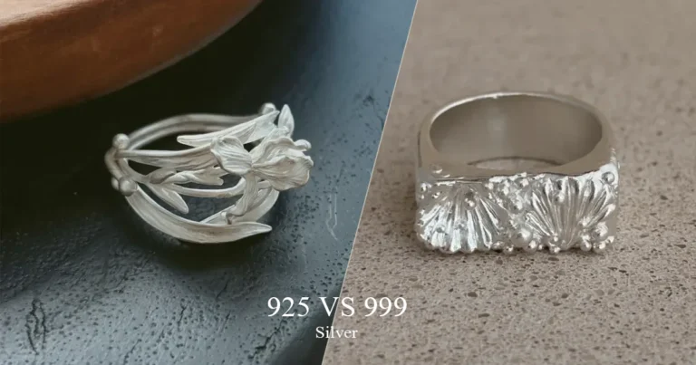 925 vs 999 silver jewelry comparison with an open S925 iris ring and a substantial closed-band 999 Tidemark ring