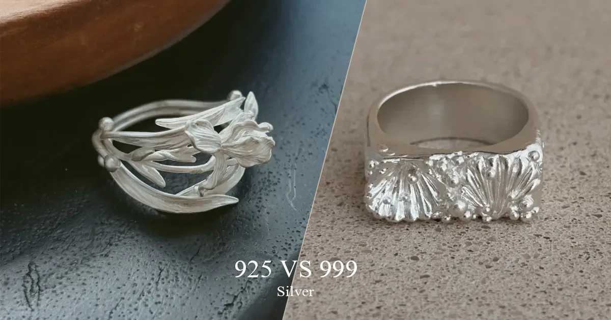 S925 iris ring and substantial 999 fine silver Tidemark ring shown side by side